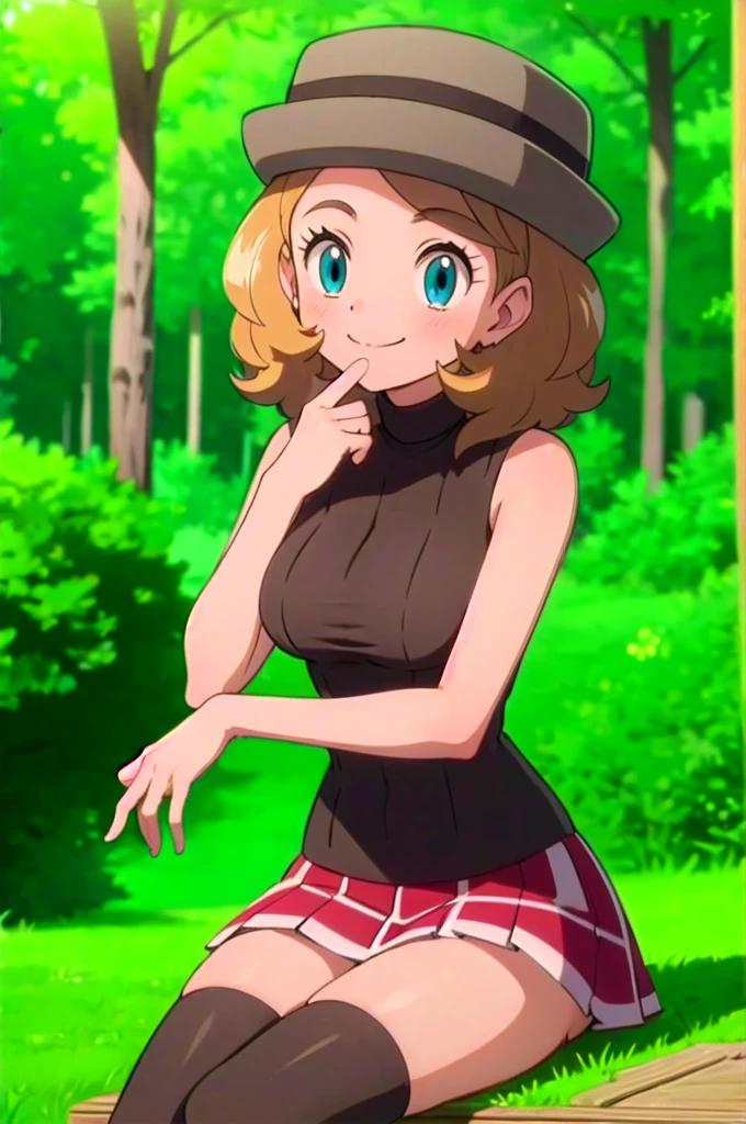 pkmnserena, 1girl, solo, blue eyes, blonde hair, short hair, bangs, hat grey headwear,
black shirt, turtleneck, sleeveless, red skirt, pleated skirt, black thighhighs,
smile,closed mouth,cowboy shot,sitting,
forest,outdoor,
(insanely detailed, beautiful detailed face, masterpiece, best quality) cinematic lighting