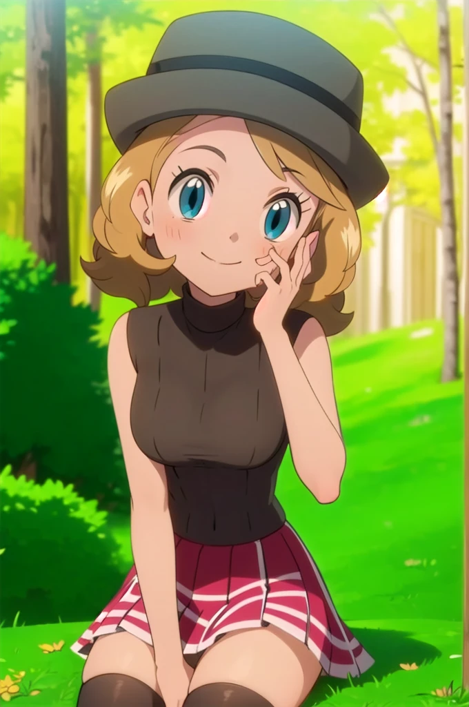 pkmnserena, 1girl, solo, blue eyes, blonde hair, short hair, bangs, hat grey headwear,
black shirt, turtleneck, sleeveless, red skirt, pleated skirt, black thighhighs,
smile,closed mouth,cowboy shot,sitting,
forest,outdoor,
(insanely detailed, beautiful detailed face, masterpiece, best quality) cinematic lighting