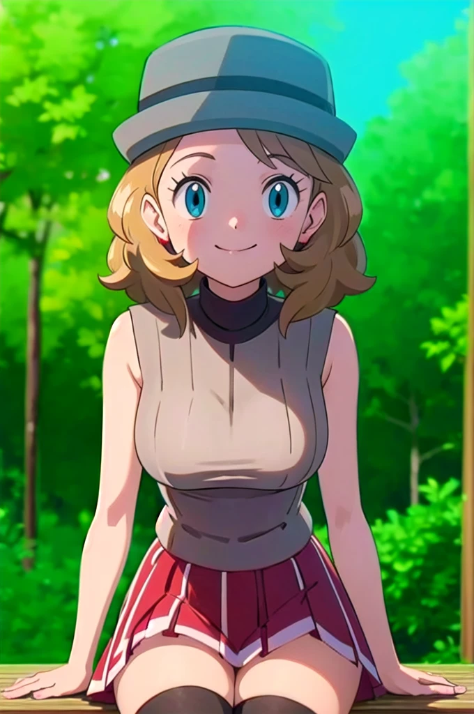 pkmnserena, 1girl, solo, blue eyes, blonde hair, short hair, bangs, hat grey headwear,
black shirt, turtleneck, sleeveless, red skirt, pleated skirt, black thighhighs,
smile,closed mouth,cowboy shot,sitting,
forest,outdoor,
(insanely detailed, beautiful detailed face, masterpiece, best quality) cinematic lighting