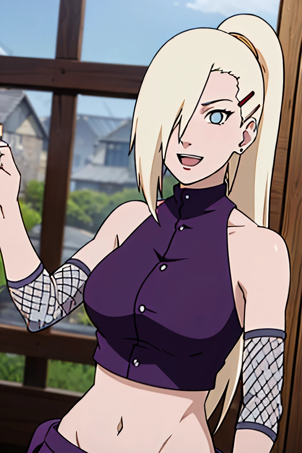 (posing for viewer), Ino yamanaka, looking at the viewer, attractive, cowboy shot, ultra detailed face, sunny day, day time, upper body view, anime style, solo, detailed home, blonde, (purple clothes), ((one eye covered with hair, hair over eye)), medium breasts, belly button, looking at the viewer, thick arms, (off-shoulders, wide shoulders, curving body), hidden eye, smile, open mouth, very happy, tall, hair clip, sharp look, sharp face, sharp eye, cold colors,
