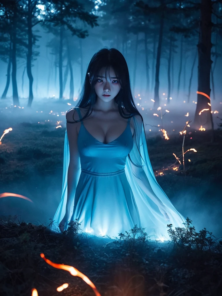 Blue Flame、ghost、Dark Forest、night、深night、Red eyes、Apparition、mysterious、lake、Foggy、turn around、spirit、Illusion、woman、turn around、Hair fluttering in the wind、Copyright circumvention、Blue light、red eyes、lake、Light clothing、breast