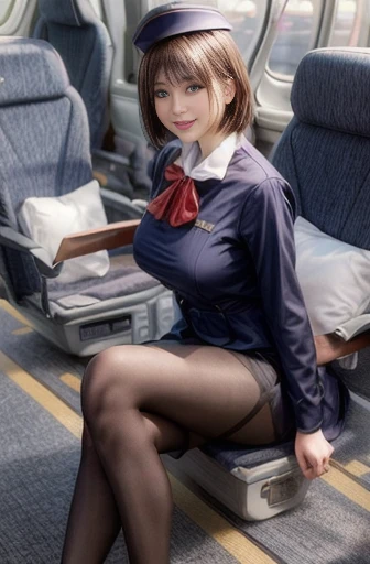 (stewardessの服 :1.3),Japanese,(Skirt Suit:1.1),pantyhose,Inside the plane,Golden Clothes,Sitting in a seat,(Full Body Shot:1.1), neckerchief,stewardessキャップ,
stewardess,Dark blue uniform,Garrison Cap,Full Body Shot,
Highest quality, Very detailed, masterpiece, Absurd,8K, photoRealistic, Realistic,Detailed skin texture,Detailed pupil,High resolution,Natural light,
One girl,alone,(Happy:1.1),(smile:1.2),short hair,Brown Hair,(Angular face:1.2),Shining Face,Large Breasts, Tight waist, Lip Makeup,