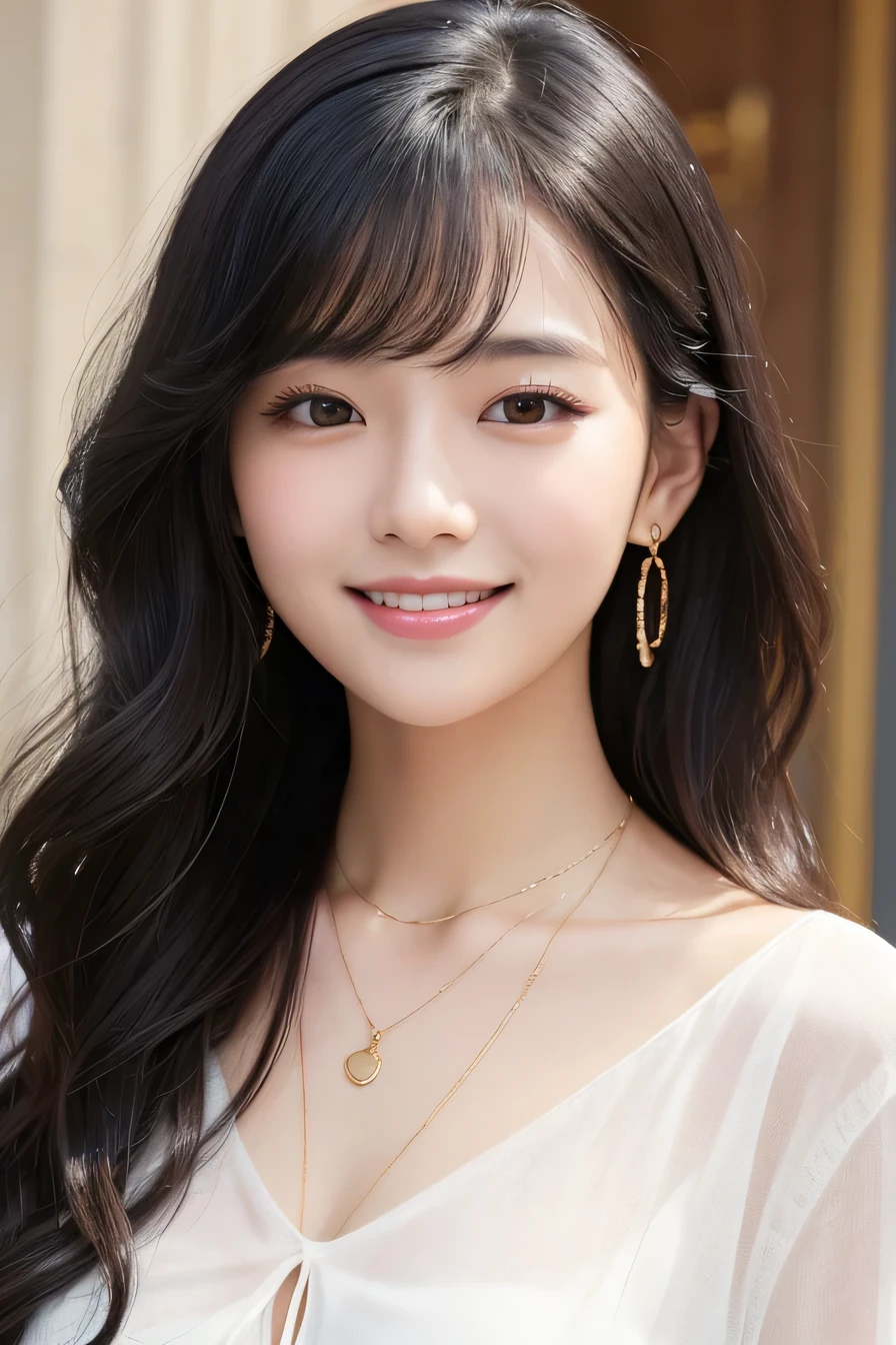 Beautiful young woman、Black Hair、Wavy Hair、ear piercing、Necklace around the neck、blouse、Closed Mouth Smile、Intricate details, Very detailed:1.2), 、 Looking into the camera,The background is the office