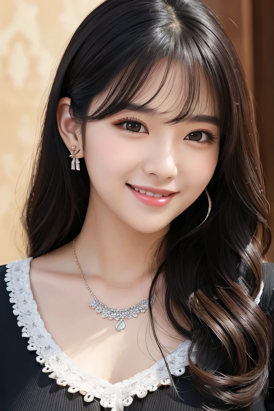 Beautiful young woman、Black Hair、Wavy Hair、ear piercing、Necklace around the neck、blouse、Closed Mouth Smile、Intricate details, Very detailed:1.2), 、 Looking into the camera,The background is the office