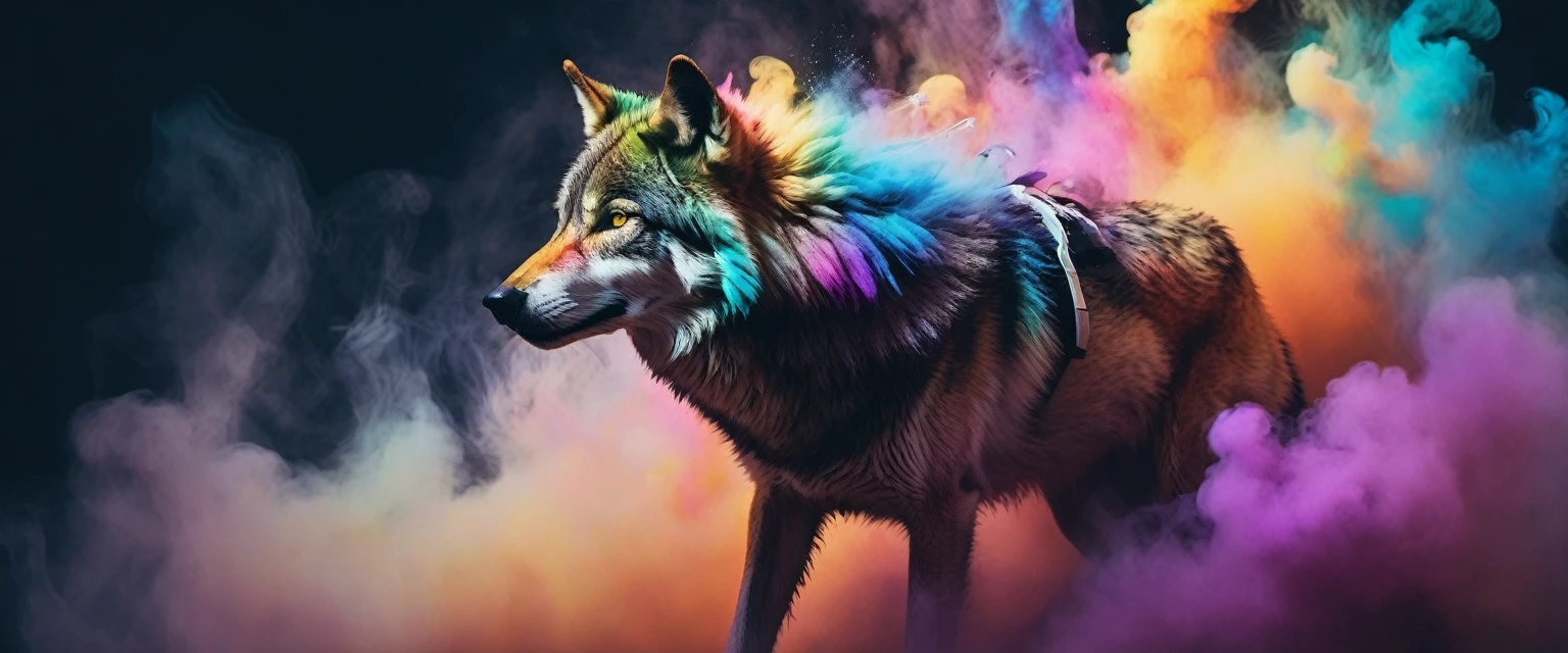 a wolf, partially covered by colored smoke, floating in the air. Plumes of multi-colored smoke swirling around and in front, featured on Artstation, sots art, fine arts journal cover, , action pose : : spotlight, trending on arts