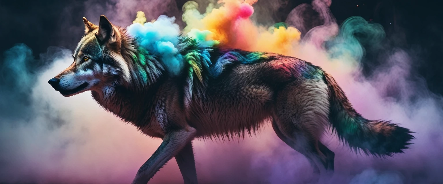 a wolf, partially covered by colored smoke, floating in the air. Plumes of multi-colored smoke swirling around and in front, featured on Artstation, sots art, fine arts journal cover, , action pose : : spotlight, trending on arts