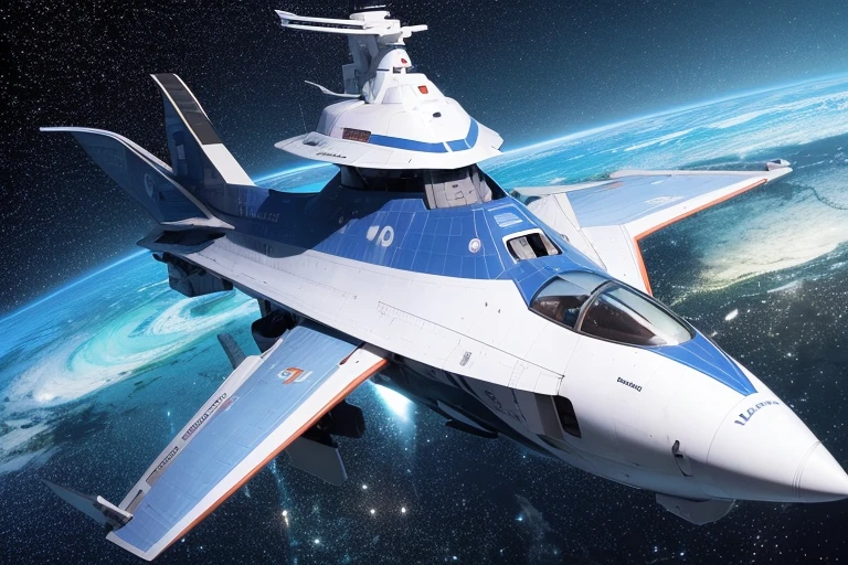universe space,Spaceship,離れた所に一隻のSpaceship,空間に浮いているSpaceship,青い線があるSpaceship,Vivid space