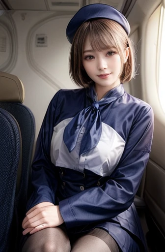 (stewardessの服 :1.3),Japanese,(Skirt Suit:1.1),pantyhose,Inside the plane,Golden Clothes,Sitting in a seat,(Full Body Shot:1.1), neckerchief,stewardessキャップ,
stewardess,Dark blue uniform,Garrison Cap,Full Body Shot,
Highest quality, Very detailed, masterpiece, Absurd,8K, photoRealistic, Realistic,Detailed skin texture,Detailed pupil,High resolution,Natural light,
One girl,alone,(Happy:1.1),(smile:1.2),short hair,Brown Hair,(Angular face:1.2),Shining Face,Large Breasts, Tight waist, Lip Makeup,