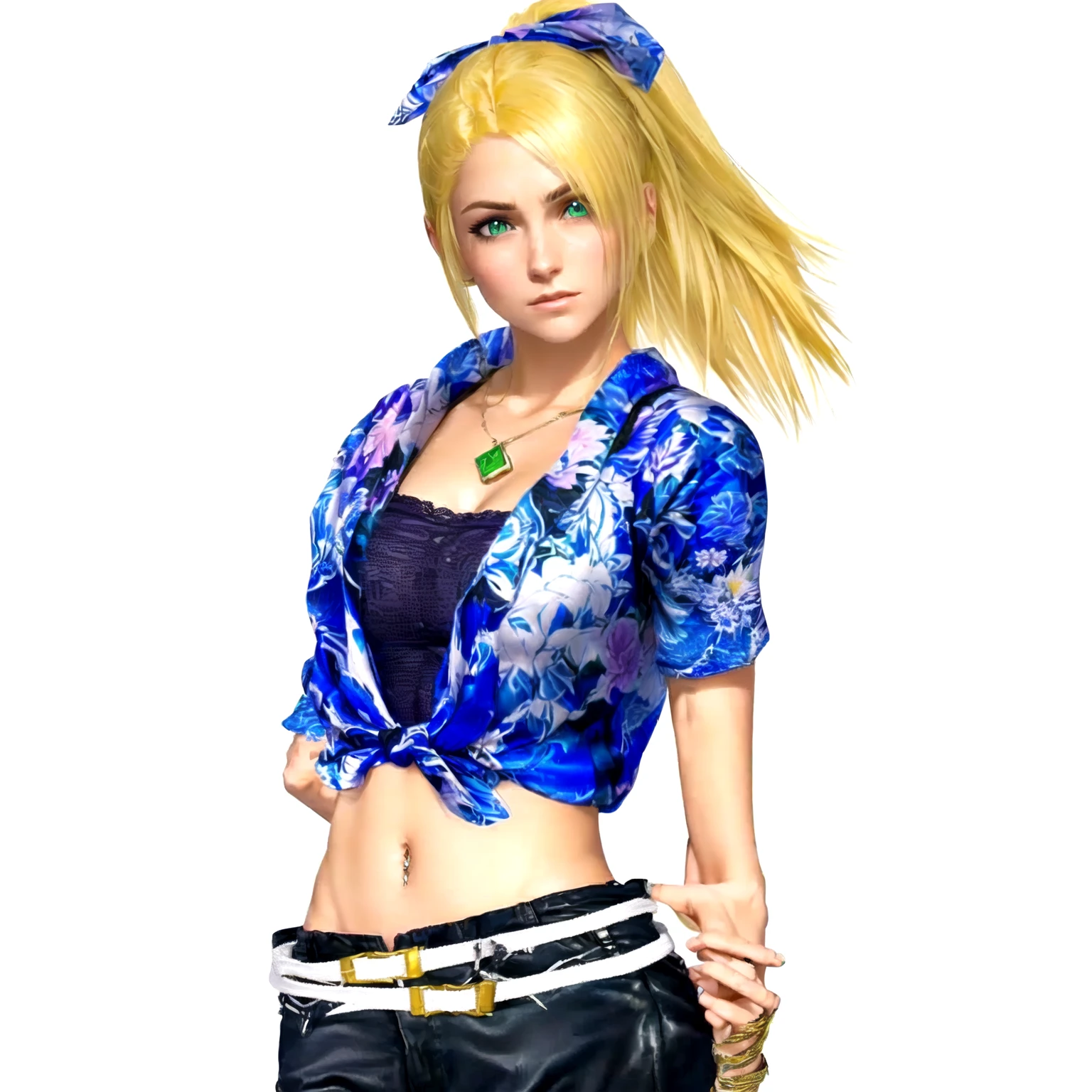 she's European, blonde hair, green eyes, (eyes turned to look at the camera), swedish, as a character in Out Run 2, of SEGA, 3D CG from the 2000s, Clarissa, 2k, 2 k,  ((totally disappointed face)), expression as to say "this is the end", realistic, render of april, fighting game character, nina from tekken, bright clean face, from devil may cry, hawaiian shirt, no bra, foulard tied on her head, grabbing her left arm with her right hand