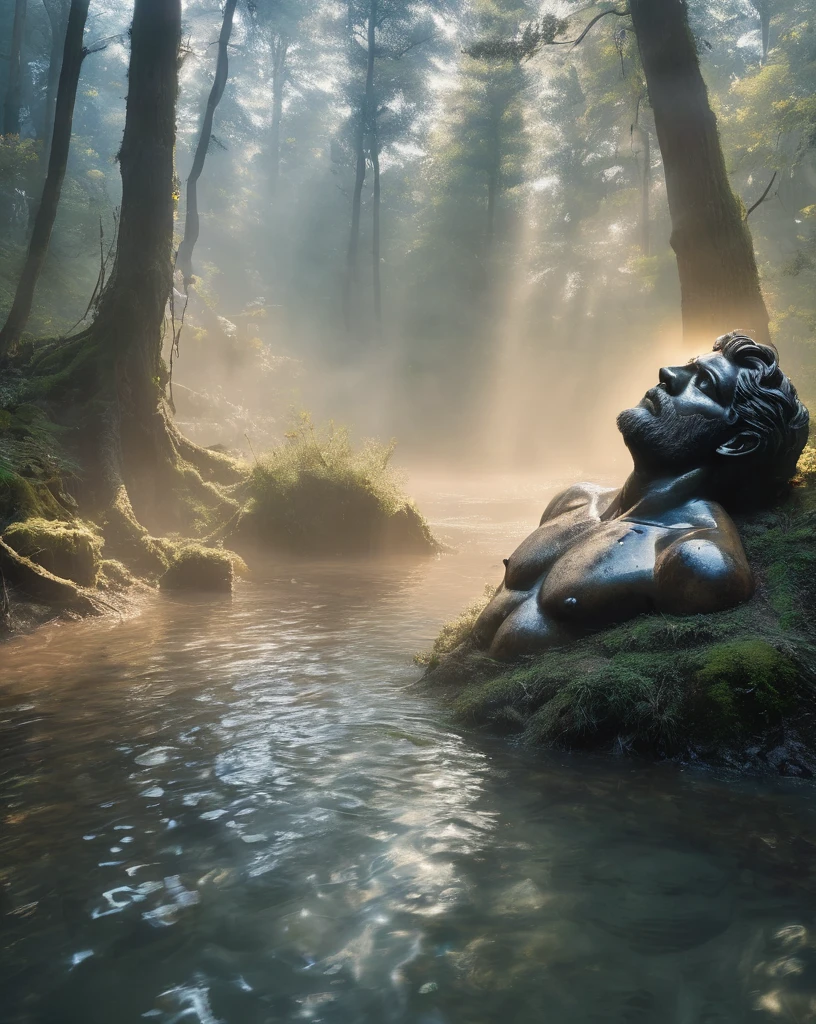 from above, bokeh, UHD, masterpiece, high details, high quality, award winning, best quality, highres, 16k，
(Looking up angle），Big Dumb Object，（Portrait of huge handsome man head sculpture collapsed in water：1.3），Great Wilderness，Dense fog，old，Dead branches，Art style of Philip Hodaatte of the human soul, realism ，BDO works by American digital artist Stuart Lippincott，Use advanced tones and shading，Creates a dazzling and mysterious light，The deep spatial pattern and mysterious atmosphere,Create a sci-fi mechanical god realm,Highlighting the insignificance of human beings，and fear of the unknown，minimalist art，fantasy，Surrealism，