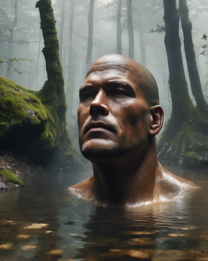 from above, bokeh, UHD, masterpiece, high details, high quality, award winning, best quality, highres, 16k,
(Looking up angle),Big Dumb Object,(Portrait of huge handsome man head sculpture collapsed in water:1.3),Great Wilderness,Dense fog,old,Dead branches,Art style of Philip Hodaatte of the human soul, realism ,BDO works by American digital artist Stuart Lippincott,Use advanced tones and shading,Creates a dazzling and mysterious light,The deep spatial pattern and mysterious atmosphere,Create a sci-fi mechanical god realm,Highlighting the insignificance of human beings,and fear of the unknown,minimalist art,fantasy,Surrealism,