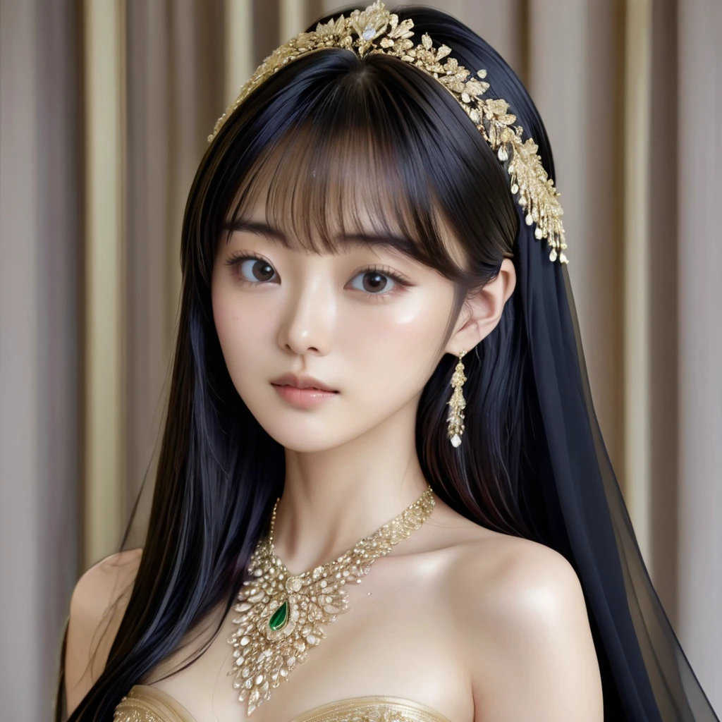 ((Highest quality)), ((masterpiece)), (detailed), （Perfect Face）、A woman is raped and violated by a man on her bed、The woman was a tiare with medium-long black hair, luxuriously embroidered and trimmed, wearing a shiny, luxurious, golden, long-slit see-through dress that allowed her skin to show through, a golden see-through cape, and a golden see-through veil. She had a luxurious jeweled hair ornament, a jeweled head dress chain, a jeweled waist chain, a luxurious necklace, bracelets, ankle bracelets, jeweled earrings, and shiny golden boots, and an engagement ring.