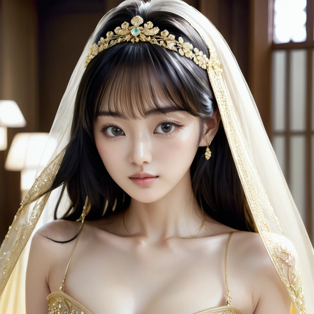 ((Highest quality)), ((masterpiece)), (detailed), （Perfect Face）、A woman is raped and violated by a man on her bed、The woman was a tiare with medium-long black hair, luxuriously embroidered and trimmed, wearing a shiny, luxurious, golden, long-slit see-through dress that allowed her skin to show through, a golden see-through cape, and a golden see-through veil. She had a luxurious jeweled hair ornament, a jeweled head dress chain, a jeweled waist chain, a luxurious necklace, bracelets, ankle bracelets, jeweled earrings, and shiny golden boots, and an engagement ring.