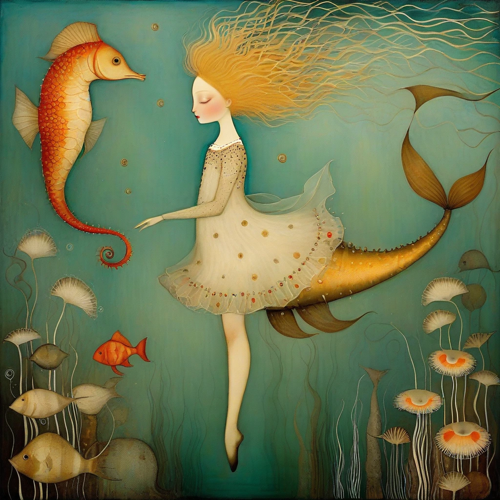 Art style by Klimt, Sam Toft, Florine Stettheimer, Dina Wakley, Catrin Welz-Stein, Gabriel Pacheco, Elisabeth Fredriks. A beautiful girl with ash-blond hair swims at the bottom of the sea, among fish and seahorses, moving her beautiful human legs. Next to her a large fish tail