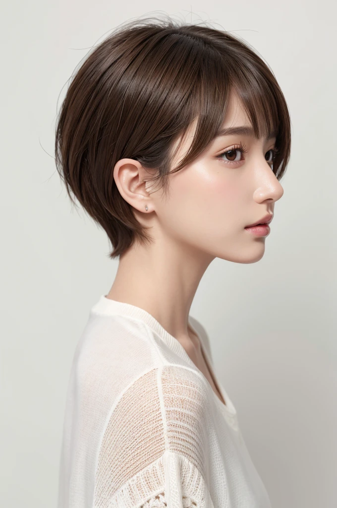 (Highest quality、Tabletop、8K、Best image quality、Award-winning works)、((profile:1.4))、ear、((short hair:1.46)),(Brown Hair)、(White casual clothes:1.2)、(The simplest pure white background:1.3)、(Perfectly fixed in front:1.1),(Portrait with Space:1.2)、Beautiful and exquisite、Perfect Makeup、Ultra-high definition beauty face、Ultra HD Hair、Ultra HD Shining Eyes、Super high quality glossy lip、Accurate anatomy、Very beautiful skin、(Pure white skin shining in ultra-high resolution:1.1)、(Very bright:1.2),Big Natural Color Lip、Lip gloss,Harajuku、cute、cute美人