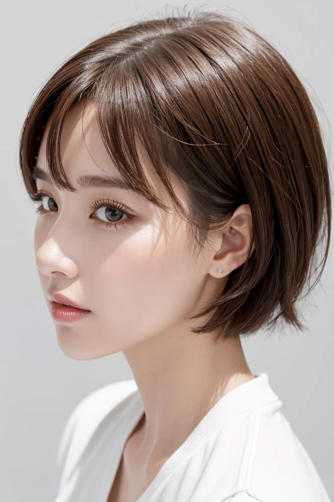 (Highest quality、Tabletop、8K、Best image quality、Award-winning works)、((profile:1.4))、ear、((short hair:1.46)),(Brown Hair)、(White casual clothes:1.2)、(The simplest pure white background:1.3)、(Perfectly fixed in front:1.1),(Portrait with Space:1.2)、Beautiful and exquisite、Perfect Makeup、Ultra-high definition beauty face、Ultra HD Hair、Ultra HD Shining Eyes、Super high quality glossy lip、Accurate anatomy、Very beautiful skin、(Pure white skin shining in ultra-high resolution:1.1)、(Very bright:1.2),Big Natural Color Lip、Lip gloss,Harajuku、cute、cute美人