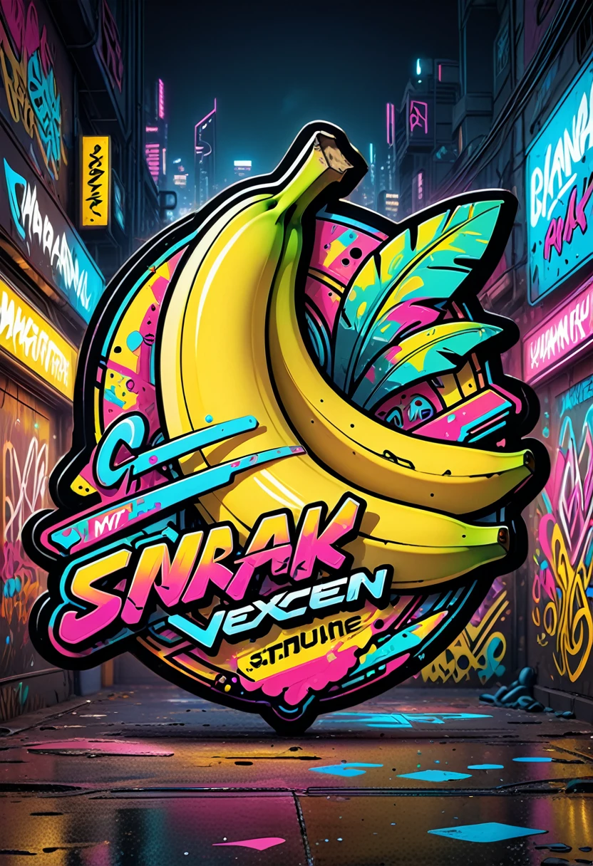 art vectoriel,Create a sticker illustration of a banana inspired by the video game Cyberpunk 2077 with a 2D graffiti effect. The sticker should maintain the shape of a banana with a prominent white outline around the edges. The interior of the banana should be stylized with the following elements in a graffiti style:
- A deep matte black peel symbolizing the dark streets of Night City.
- Blue neon circuit lines running across the banana’s surface, resembling cybernetic implants, with a spray-paint texture.
- The "Samurai" logo near the tip of the banana, designed in a graffiti font and style.
- Stickers of in-game brands like Arasaka and Militech, and gang symbols like "The Moxes", all depicted with a street art aesthetic.
- Modernized tribal tattoo motifs and hacking icons in red and green neon, rendered with a graffiti effect.
- Sections with light effects mimicking the neon lights of Night City, with a pulsating spray-paint effect around the circuits.
- A small, metallic chrome-plated label near the base with the inscription "Cyber Choice" in a graffiti font.
The illustration should be vibrant, edgy, and high-tech, with the stylized interior capturing the futuristic and dystopian ambiance of Cyberpunk 2077, all within the iconic shape of a banana and infused with a 2D graffiti style.
