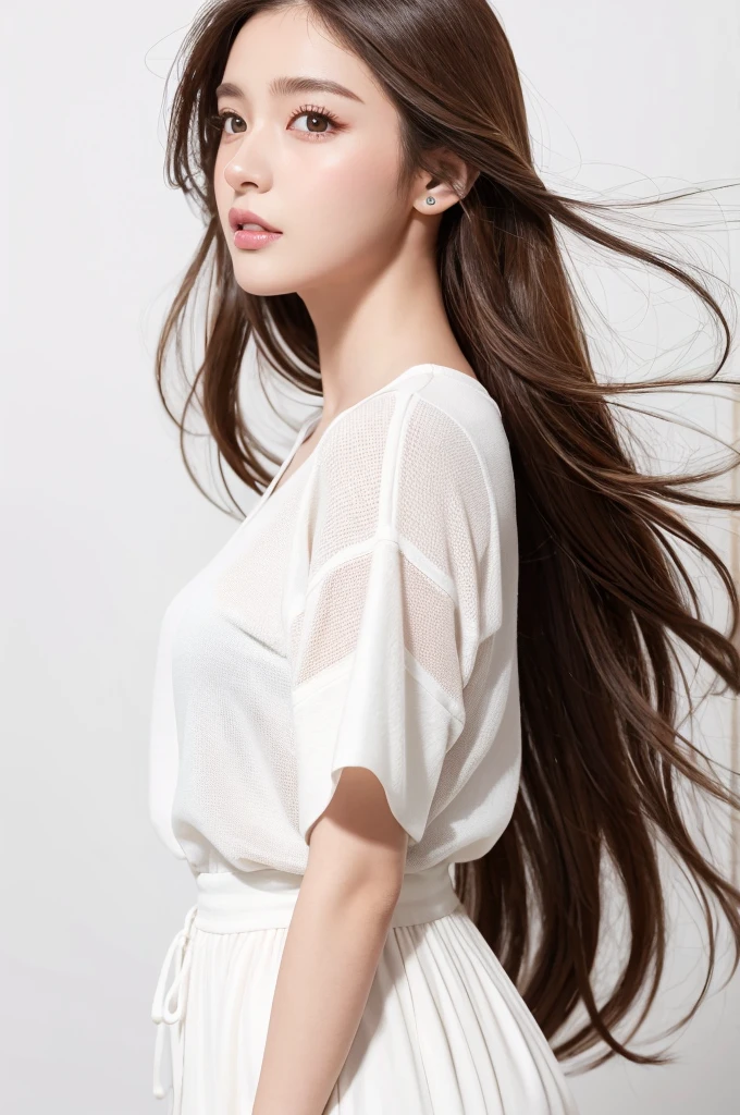 (Highest quality、Tabletop、8K、Best image quality、Award-winning works)、((profile:1.4))、ear、((Long Hair:1.46)),(Brown Hair)、(White casual clothes:1.2)、(The simplest pure white background:1.3)、(Perfectly fixed in front:1.1),(Portrait with Space:1.2)、Beautiful and exquisite、Perfect Makeup、Ultra-high definition beauty face、Ultra HD Hair、Ultra HD Shining Eyes、Super high quality glossy lip、Accurate anatomy、Very beautiful skin、(Pure white skin shining in ultra-high resolution:1.1)、(Very bright:1.2),Big Natural Color Lip、Lip gloss,Harajuku、cute、cute美人