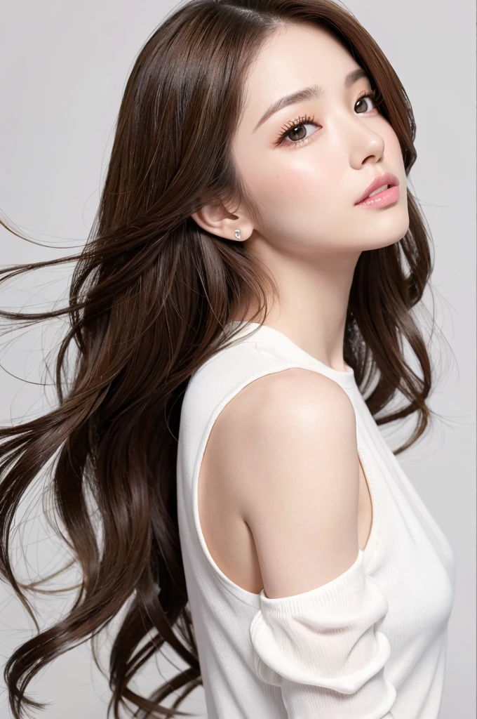 (Highest quality、Tabletop、8K、Best image quality、Award-winning works)、((profile:1.4))、ear、((Long Hair:1.46)),(Brown Hair)、(White casual clothes:1.2)、(The simplest pure white background:1.3)、(Perfectly fixed in front:1.1),(Portrait with Space:1.2)、Beautiful and exquisite、Perfect Makeup、Ultra-high definition beauty face、Ultra HD Hair、Ultra HD Shining Eyes、Super high quality glossy lip、Accurate anatomy、Very beautiful skin、(Pure white skin shining in ultra-high resolution:1.1)、(Very bright:1.2),Big Natural Color Lip、Lip gloss,Harajuku、cute、cute美人