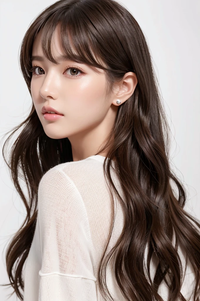 (Highest quality、Tabletop、8K、Best image quality、Award-winning works)、((profile:1.4))、ear、((Long Hair:1.46)),(Brown Hair)、(White casual clothes:1.2)、(The simplest pure white background:1.3)、(Perfectly fixed in front:1.1),(Portrait with Space:1.2)、Beautiful and exquisite、Perfect Makeup、Ultra-high definition beauty face、Ultra HD Hair、Ultra HD Shining Eyes、Super high quality glossy lip、Accurate anatomy、Very beautiful skin、(Pure white skin shining in ultra-high resolution:1.1)、(Very bright:1.2),Big Natural Color Lip、Lip gloss,Harajuku、cute、cute美人