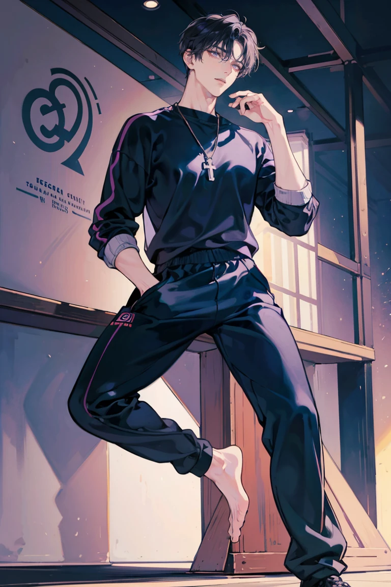 (masterpiece), best quality, seductive eyes, perfect face, handsome man, purple eyes, middle part black haircut, volleyball jersey, sports jogging pants, full body, tall man, long legs, anime cover, 1boy, cross ear rings, hands in pockets, adult-like look, volleyball 
