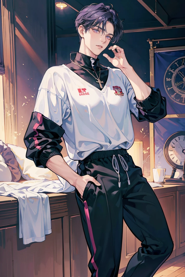 (masterpiece), best quality, seductive eyes, perfect face, handsome man, purple eyes, middle part black haircut, volleyball jersey, sports jogging pants, full body, tall man, long legs, anime cover, 1boy, cross ear rings, hands in pockets, adult-like look, volleyball 
