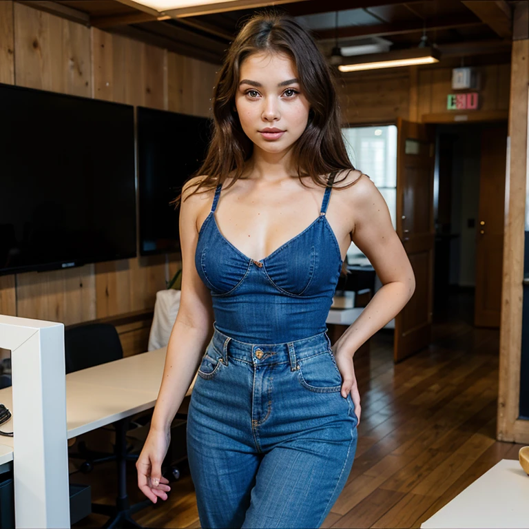 fille,jeune,20 ans,belle lèvre,sophie mudd,visage lisse,visage rond, seductive smile, sophie mudd, jeans jumpsuit, work office