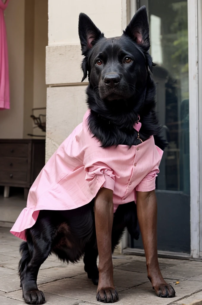 A black dog in a pink dress is getting his photo clicked