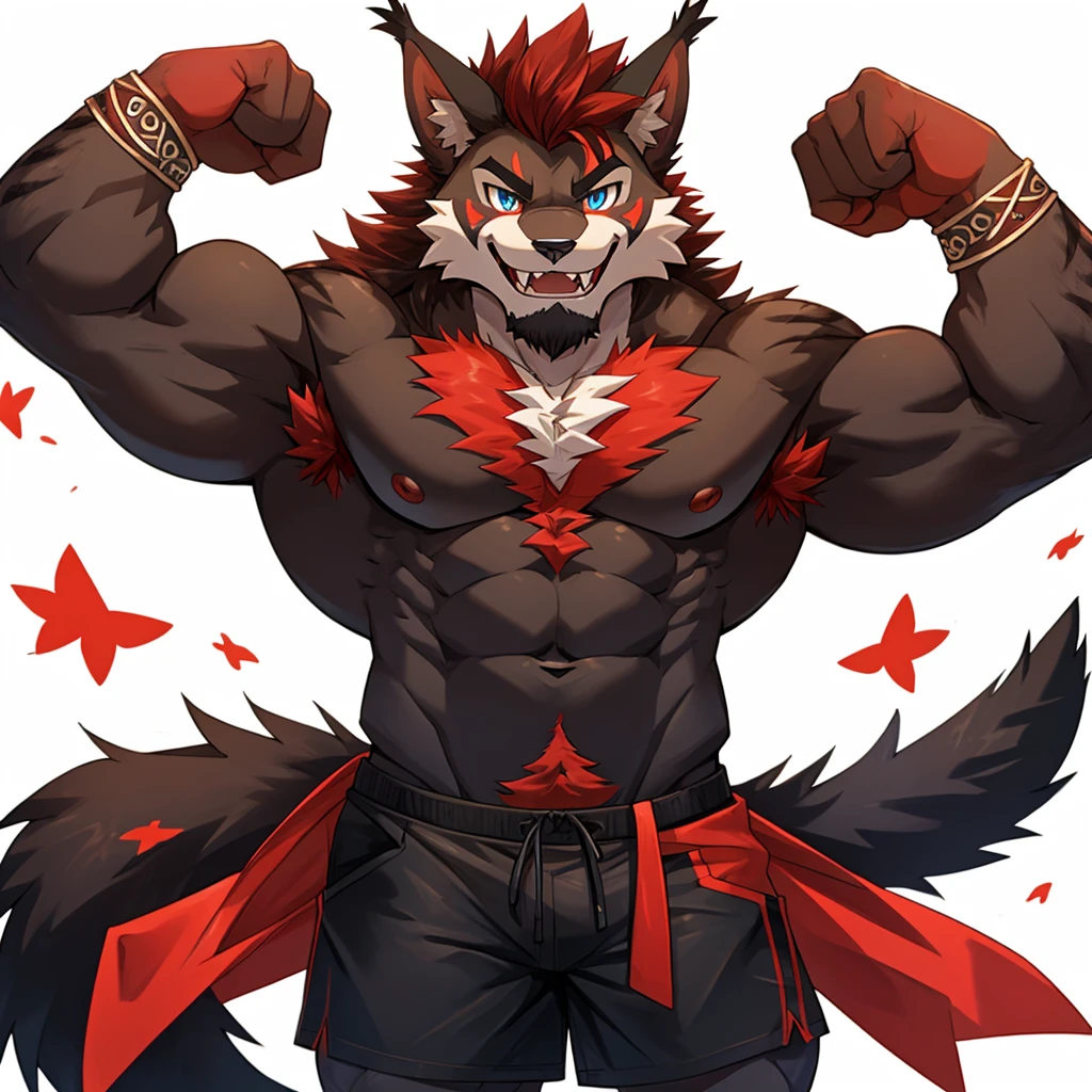 (Furry lynx cat), (chibi)), (body fully covered in black fur), (fully covered in black fur), (black fur), sharp fangs, sharp teeth, summer shorts outfit, cute, blue eyes, red chest hair, red eyebrows, red armpit hair, long black hair, black mane, black nose, black tail, black tail with red tip, red whiskers, happy, smile, correct Anatomy, correct hand, ((white background)), (Acting happy), (hands up), enjoy, ((front view)), full body, sexy, (flexing), (muscle), black tail, black tail red tail tip, red eyebrows, red chest hair, red armpit hair