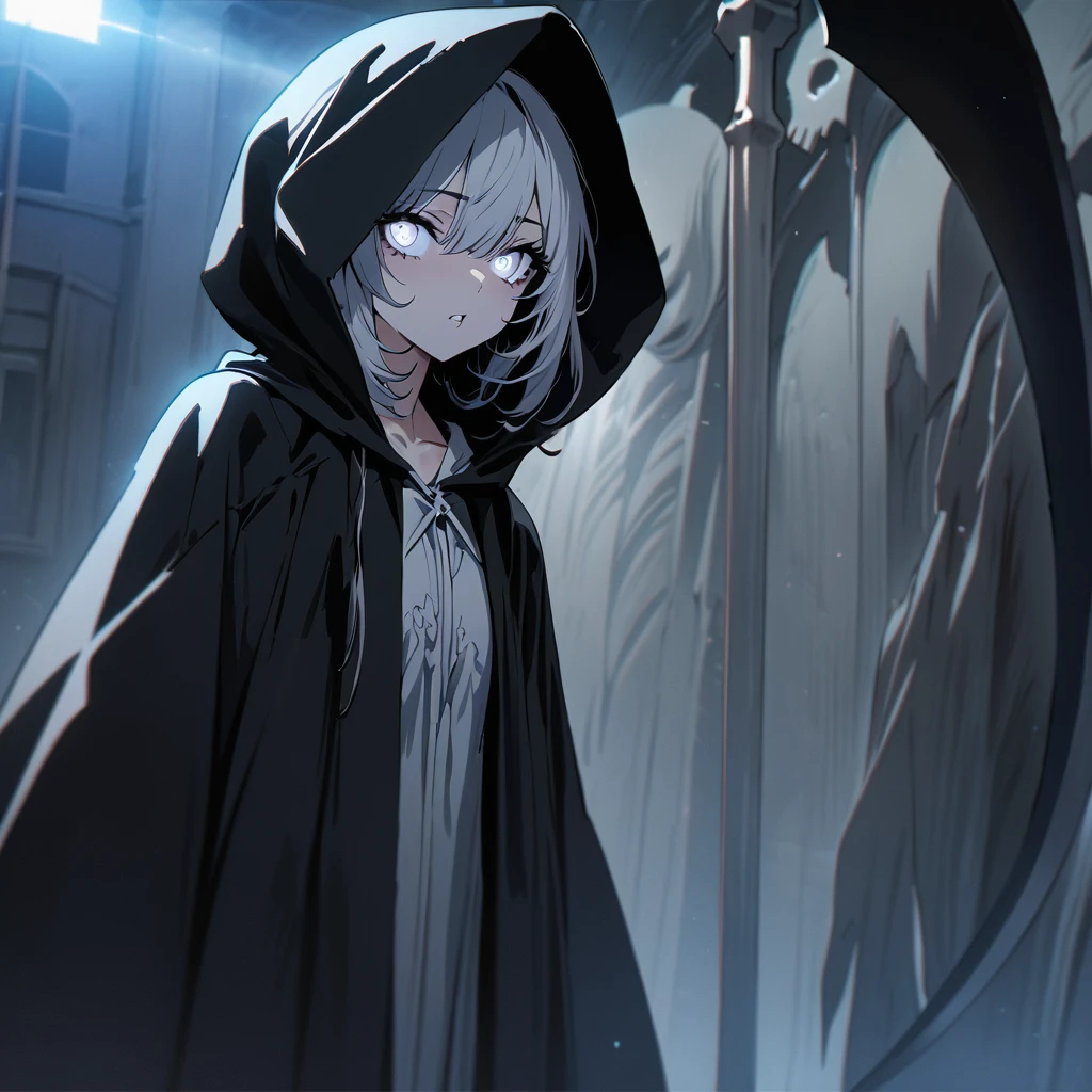 one beautiful Germans girl's Grim Reaper,teenagers,wearing robe,She's standing with a scythe,Look in here,sexy,(((masterpiece))), (((best quality))), ((ultra-detailed)), (illustration), (detailed light),((an extremely delicate and beautiful)),(beautiful detailed eyes),white eyes,Skull mask only at the mouth
