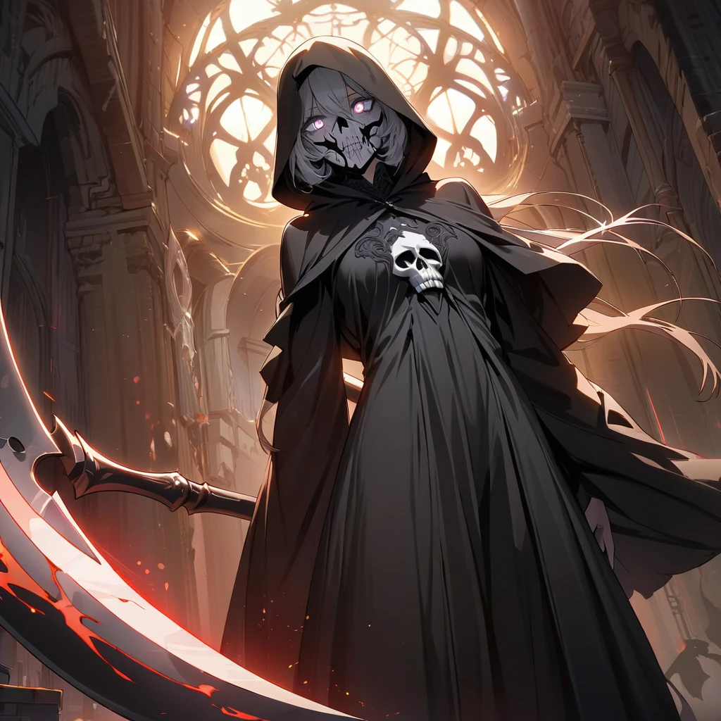 one beautiful Germans girl's Grim Reaper,teenagers,wearing robe,She's standing with a scythe,Look in here,sexy,(((masterpiece))), (((best quality))), ((ultra-detailed)), (illustration), (detailed light),((an extremely delicate and beautiful)),(beautiful detailed eyes),white eyes,Skull mask only at the mouth