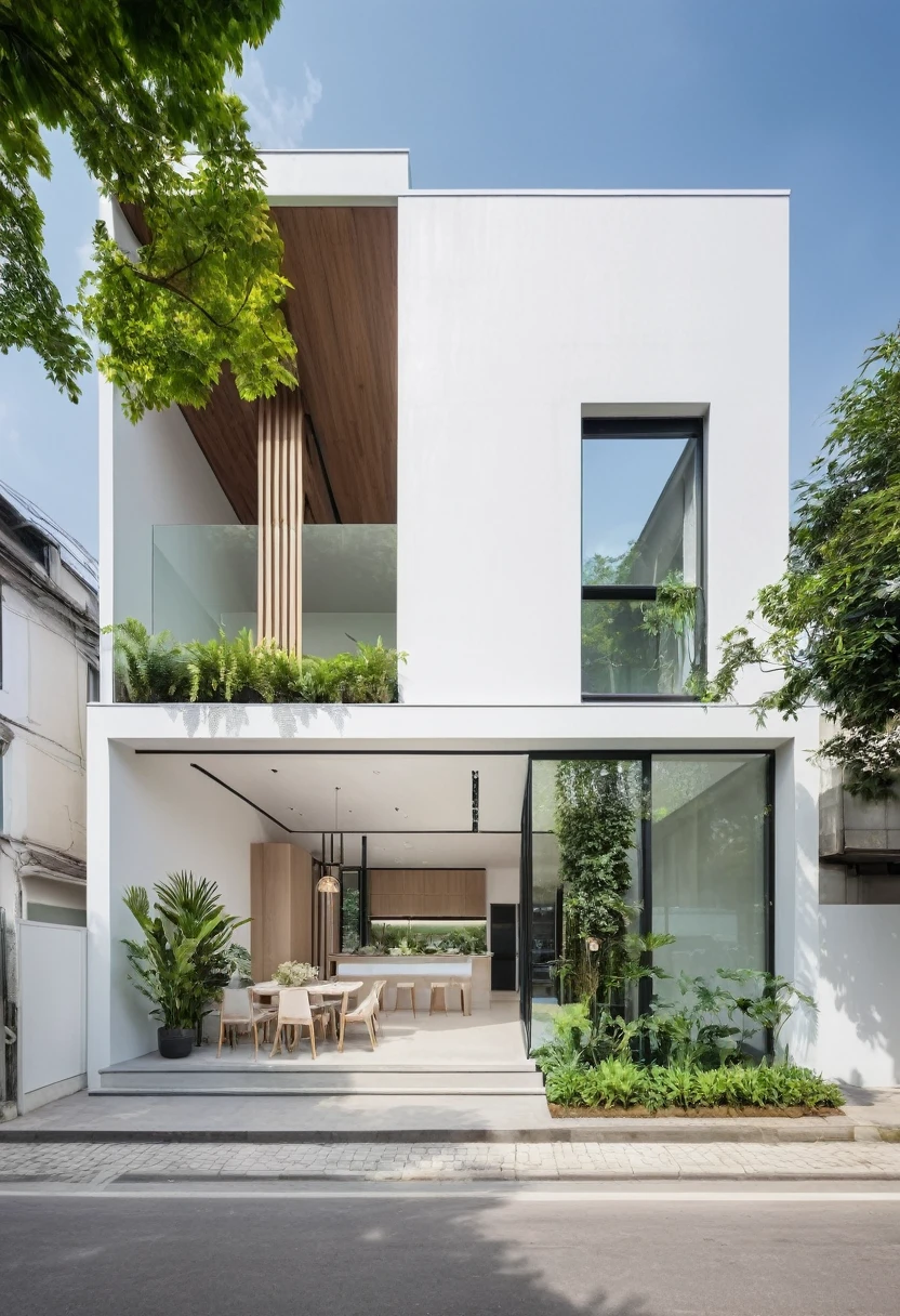 A sleek and contemporary one-story house featuring a chic furniture showroom. The facade, less than 5 meters wide, boasts expansive glass windows and doors that invite natural light. Inside, the showroom is adorned with vertical display shelves, large mirrors, and strategically placed lighting to highlight the products. The exterior is a harmonious blend of white and pastel tones, accented with lush green plants. Situated on a charming street corner with a sidewalk and trees, the design exudes a welcoming and sophisticated atmosphere. The flat roof is creatively topped with a green garden, enhancing the building's modern aesthetic and environmental harmony
