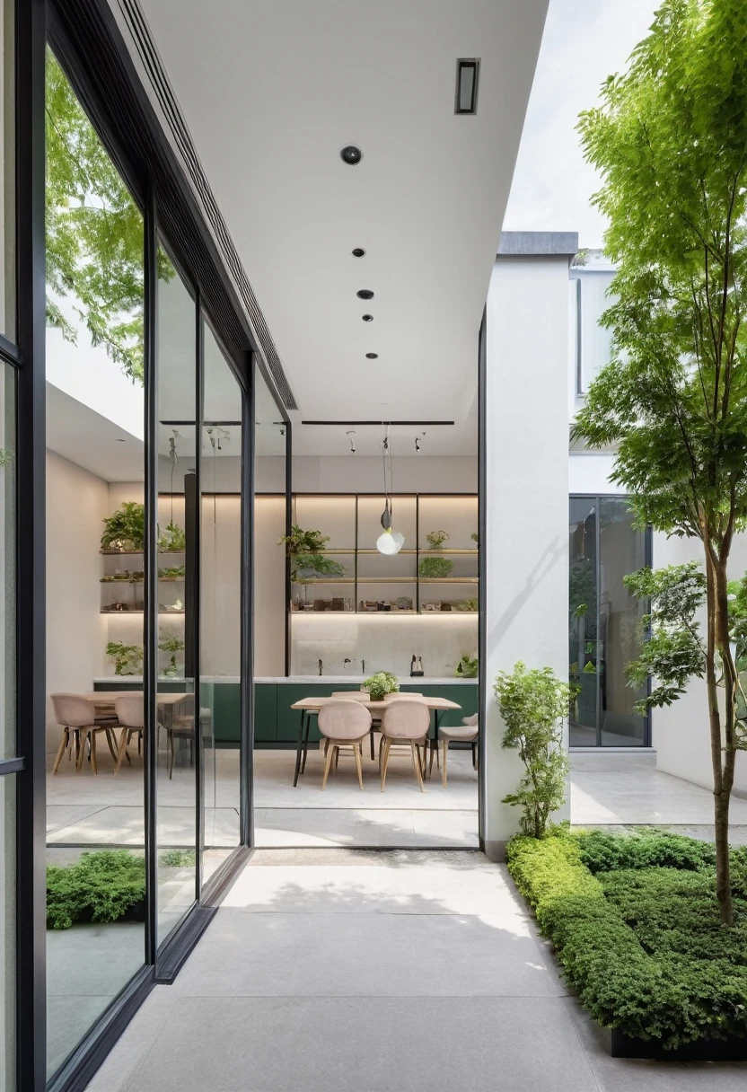 A sleek and contemporary one-story house featuring a chic furniture showroom. The facade, less than 5 meters wide, boasts expansive glass windows and doors that invite natural light. Inside, the showroom is adorned with vertical display shelves, large mirrors, and strategically placed lighting to highlight the products. The exterior is a harmonious blend of white and pastel tones, accented with lush green plants. Situated on a charming street corner with a sidewalk and trees, the design exudes a welcoming and sophisticated atmosphere. The flat roof is creatively topped with a green garden, enhancing the building's modern aesthetic and environmental harmony