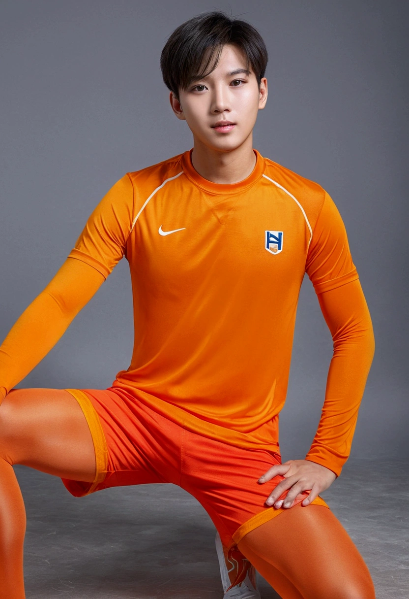 Boy in orange shirt and orange shorts and pantyhose poses for photo, Wear athletics uniform and pantyhose, Highresolution,Realstic, photos, Wearing pantyhose, Wear shorts and pantyhose, sport clothing, Asian boy (Emphasizes the luster and sheer of pantyhose)
