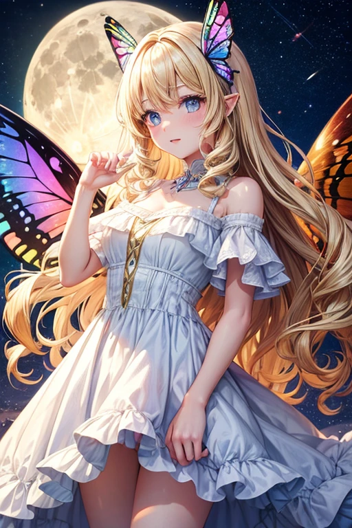 A girl with large rainbow butterfly wings growing from her shoulders,full moon,long,Curly Hair,Vertical Roll,Blonde,blue eyes,White Dress,One adult woman,Lady,Dancing