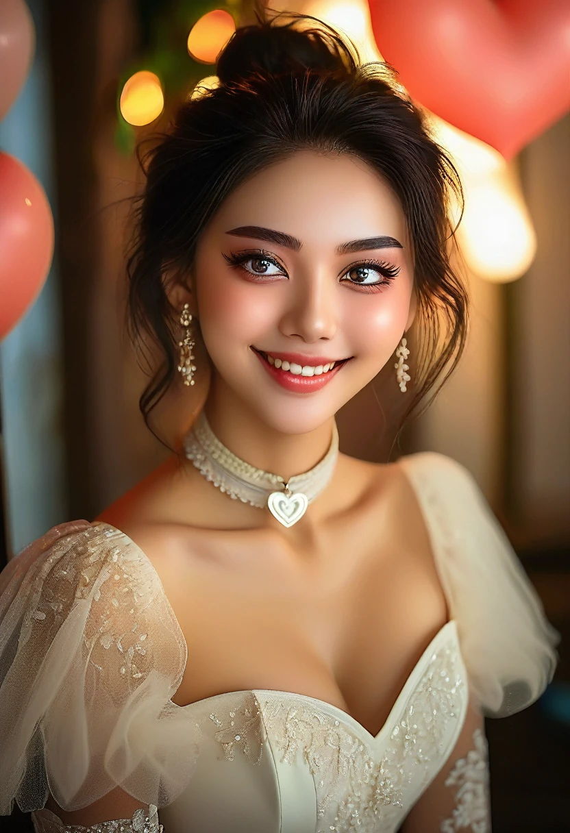 ( best quality:1.2), 1 Girl only,Solitary,forehead, Skin details, Beautiful facial features, ((fluffy dark hair)),Exquisite makeup, ((Exquisite eyes)), Eye details, he is 20 years old,wearing a beautiful dress, choker ,(((big smiling))),((dreaming theme)),happy,kindness,soft focus,white soft lighting,(((heart motif a lot)))
