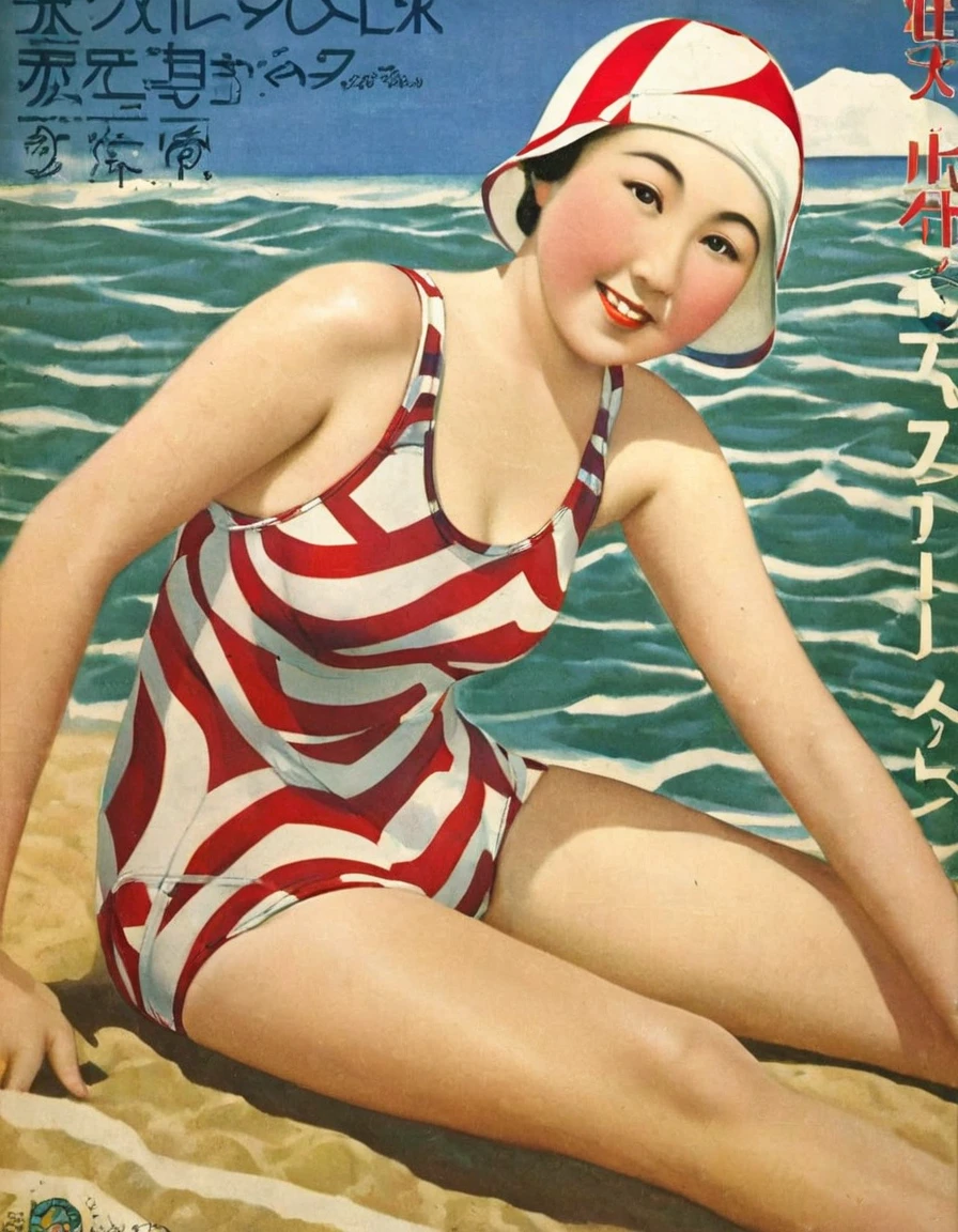 (((1930s Japanese poster)))),portrait,lay face down on the beach,Japanese woman,little chubby,(Japanese pompadour:1.3),narrow eyes,Expressionless,geometric pattern swimsuit,Knee-length swimsuit,swim cap,((she is round face)),close-up