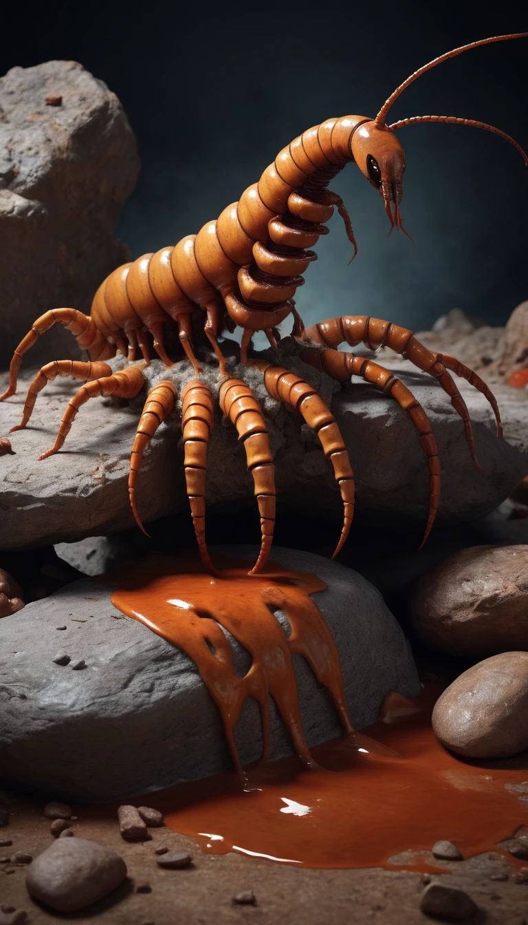 Realistic cinematic photography, sauce_science. still life, Broken Rock, Giant Martian Alien Centipede, Spill, Stone Fragment Fixture Art