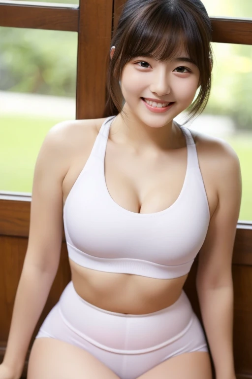 (((Highest quality))) ((masterpiece)) ((Real beautiful girl)) Talented Girl (Cute face) clear ((Ba Short spats Sports Bra (Slim figure) Beautiful thighs (whole body) he is short smile Creating Bangs