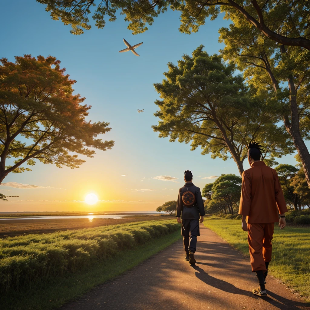An asthetic view with glowing sun and trees and graas on land a naruto character walking and in sky birds are flying airoplane