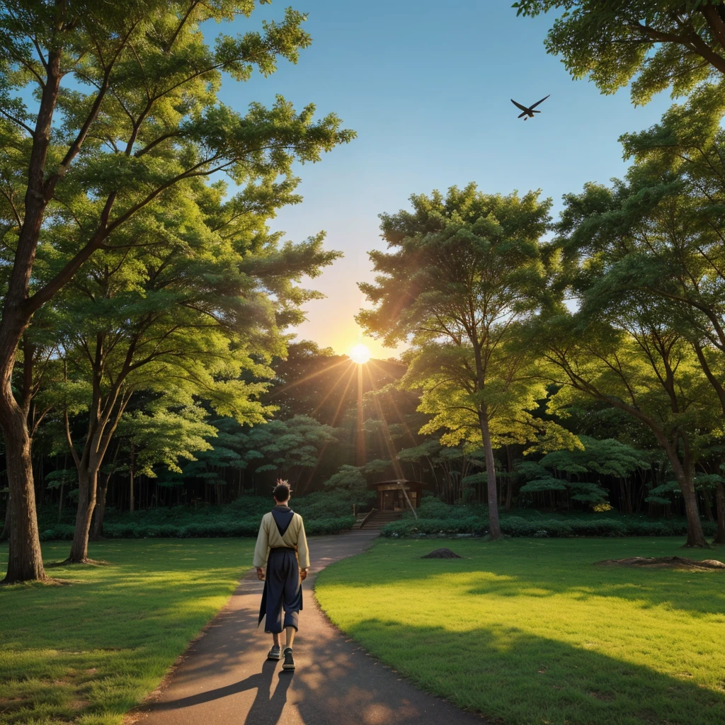 An asthetic view with glowing sun and trees and graas on land a naruto character walking and in sky birds are flying airoplane