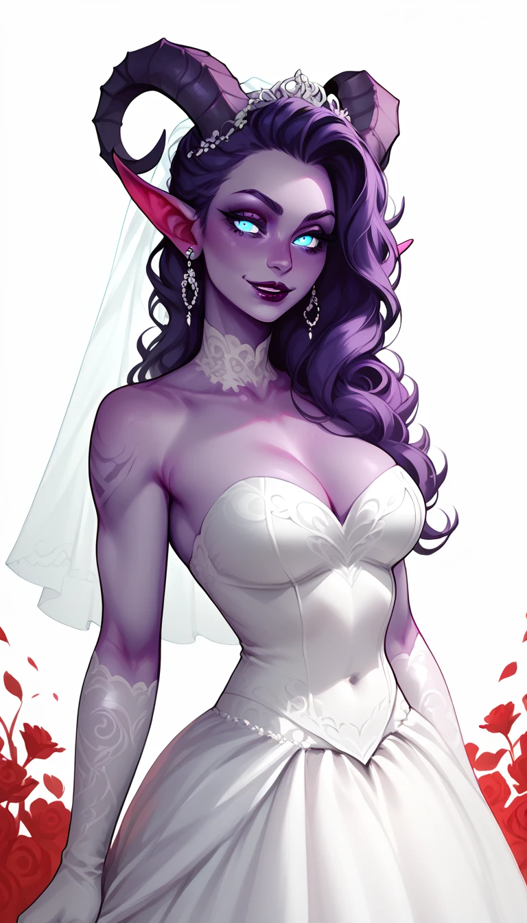 score_9, score_8_up, score_7_up, 1girl, solo,
flowing hair, glowing blue eyes, curved ram horns, sharp ears, purple skin, demoness, stark white background, limited red palette, monochromatic, eerie atmosphere,
(wedding dress), seductive,