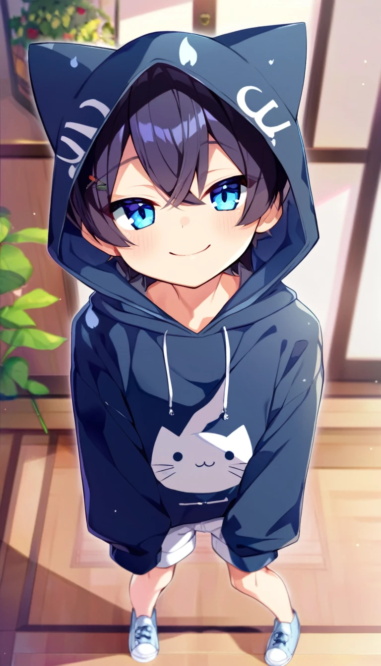 oe boy, cat hoodie, cute, cool, lovely, naive, short pants, look at me, handsome, shota, light blue eyes, smile, cowboy shota, blush