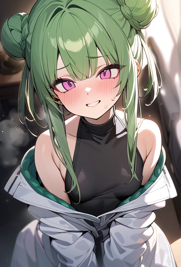 pink eyes, Alone, Masterpiece, Best Quality, 1 girl, White jacket, black turtleneck, double bun, long sleeves, square fringe ,(([green fur | ((green fur pastel))])), excite face smile, off the shoulder, small breasts, ((Asymmetrical side locks)),