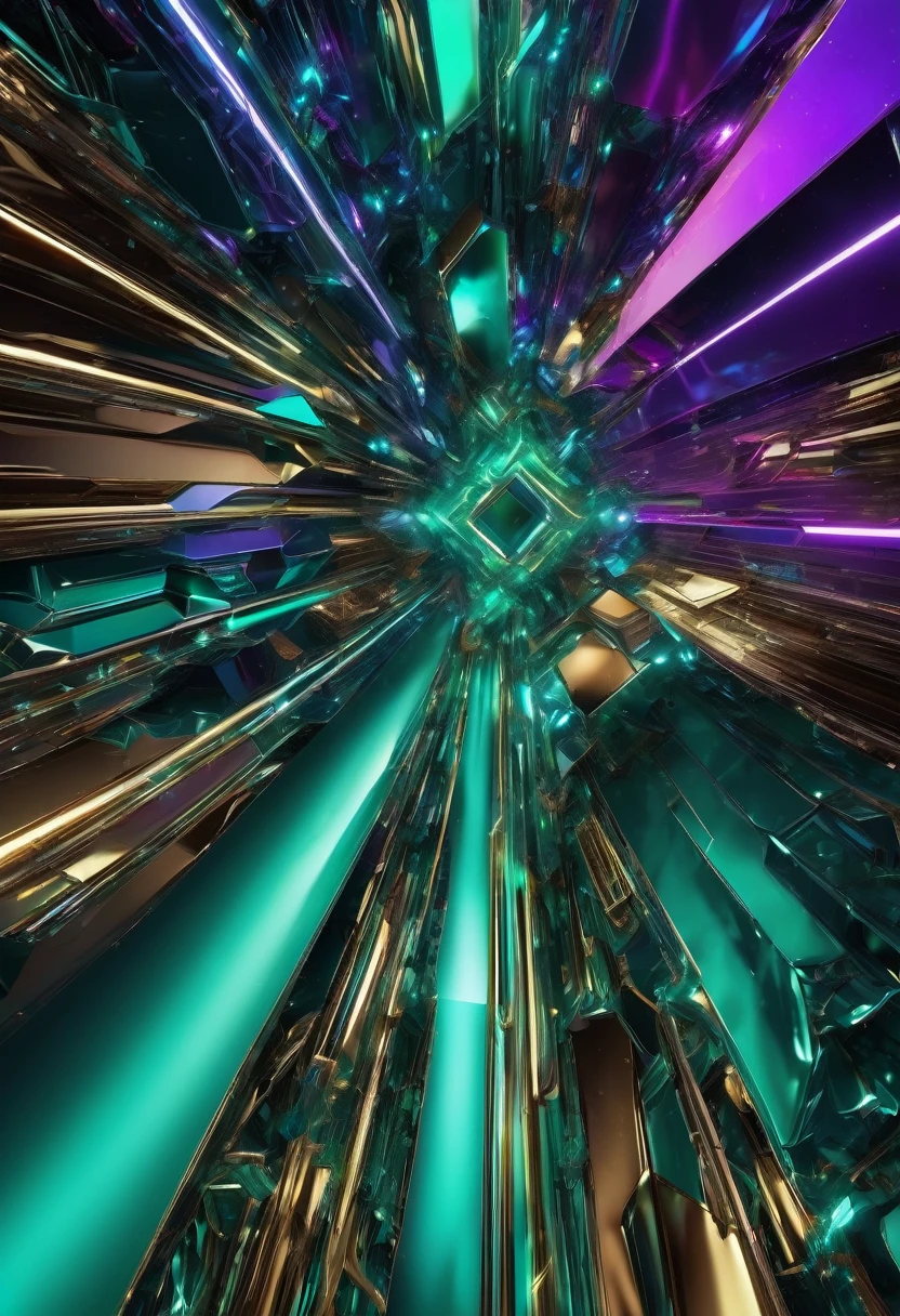 Technology photographs imitating natural processes combining digital effects, organic elements with geometric shapes and vibrant colors, Use of reflective and metallic materials for details that capture light and add a futuristic touch, (Natural Colors: Emerald green, ocean blue, earth brown. ) (Technological Tones: Electric blue, neon violet, metallic silver and gold) best quality, 4k, 8k, ultra highres