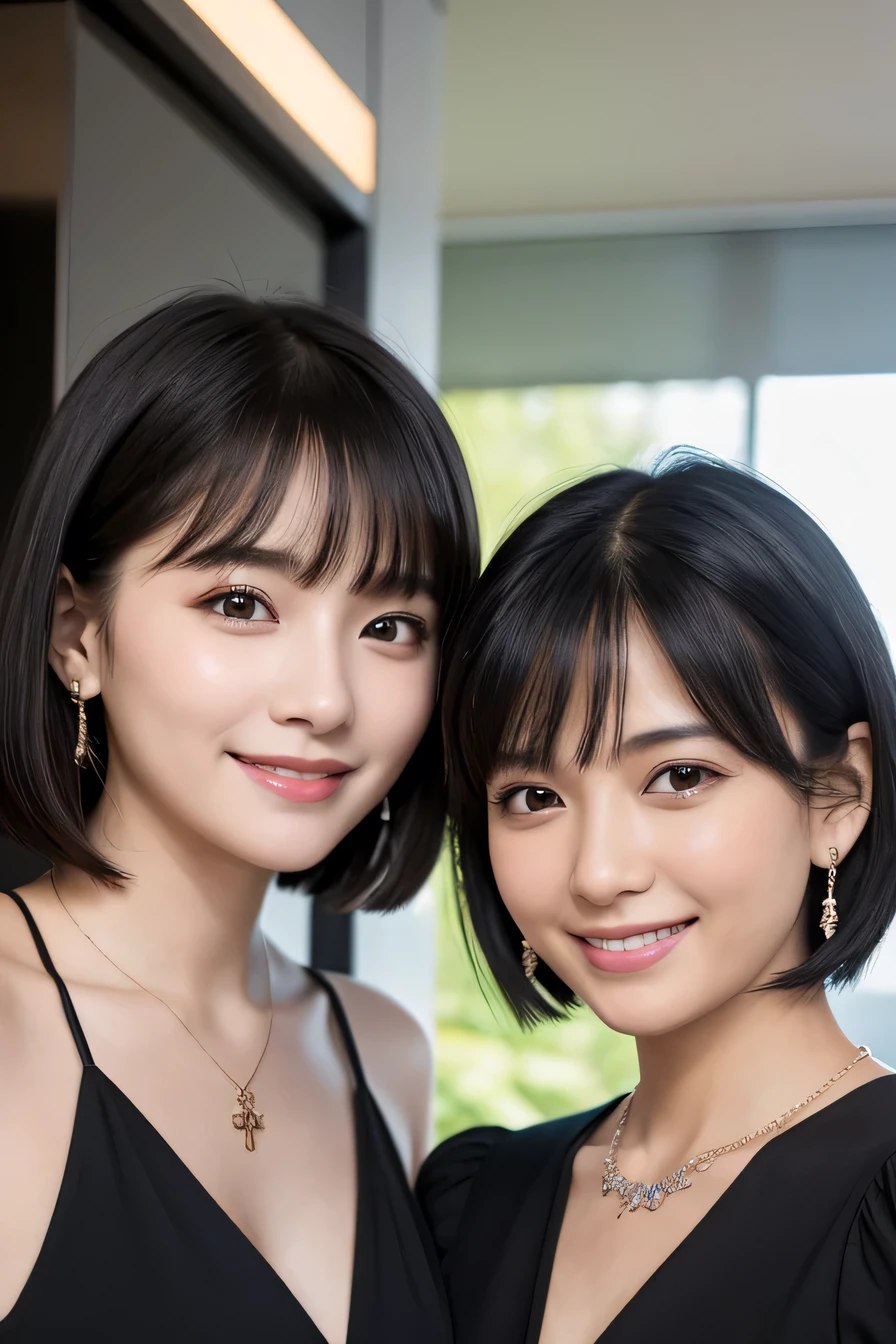 Two young women standing side by side、Black Hair、Short Haircut、、ear piercing、Necklace around the neck、blouse、Closed Mouth Smile、Intricate details, Very detailed:1.2), 、 Looking into the camera,The background is the office