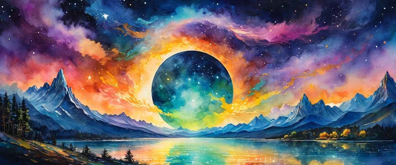Aurora spreads across the night sky,moon,landscape,watercolor painting,Lightのカーテン,Colorful,rich colors,dream-like,Fantastic,bless,Lightの粒,dark background,masterpiece,detailed,Magic Effects,Light, breathtaking renderings, in a radiant connection, Inspired by Kinuko Y. , magic elements, , Is beautiful, Cast colorful spells, 明るいflash, flash,Van Goffo's painting style,howling wolf silhouette,fantasy
