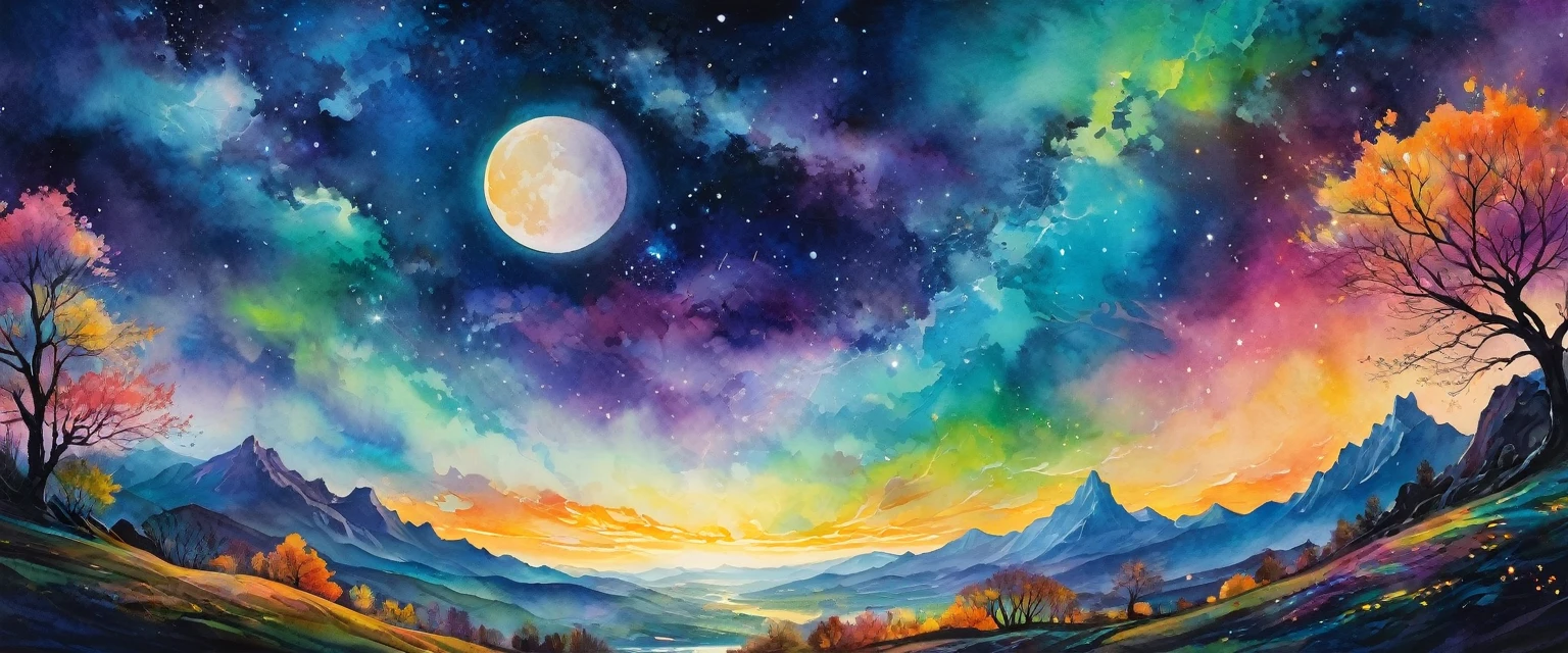 Aurora spreads across the night sky,moon,landscape,watercolor painting,Lightのカーテン,Colorful,rich colors,dream-like,Fantastic,bless,Lightの粒,dark background,masterpiece,detailed,Magic Effects,Light, breathtaking renderings, in a radiant connection, Inspired by Kinuko Y. , magic elements, , Is beautiful, Cast colorful spells, 明るいflash, flash,Van Goffo&#39;s painting style,howling wolf silhouette,fantasy