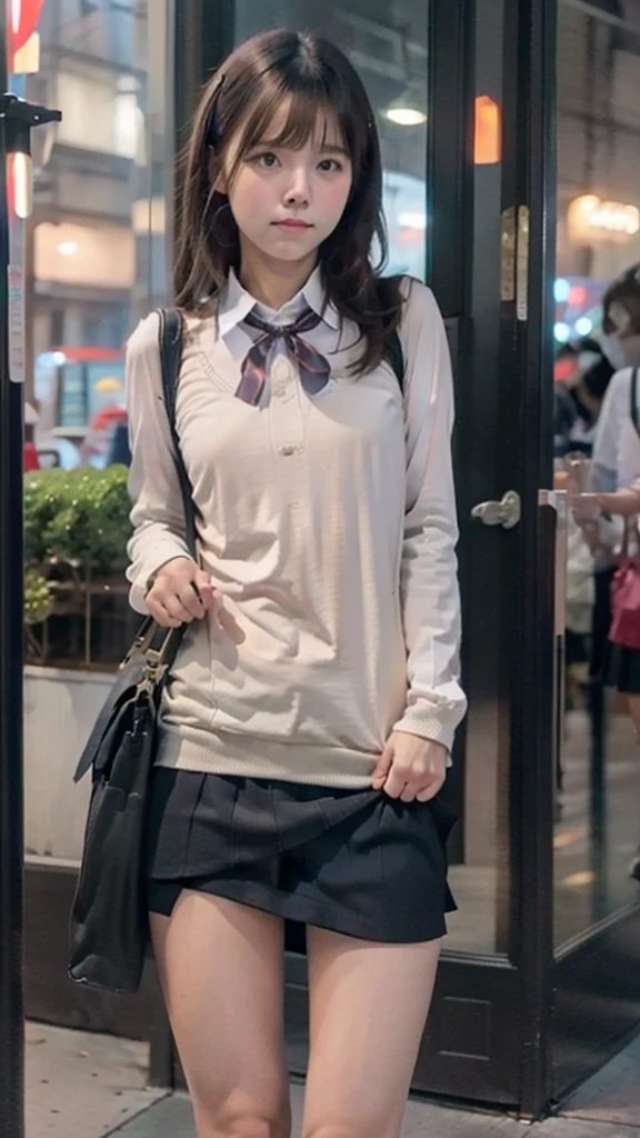 masterpiece, Highest quality, High resolution, girl, Peeking from below，Japanese,whole body,Cute face,high school girl,Baby Face,Looking away,Medium Hair,Baby Face,Weeping face,Small breasts,delicate,Expose,Clothes are open,Female genitalia is visible,pubic hair,Lower body naked,uniform,Black Skirt,M-shaped legs,Thin thighs,night,night景,City