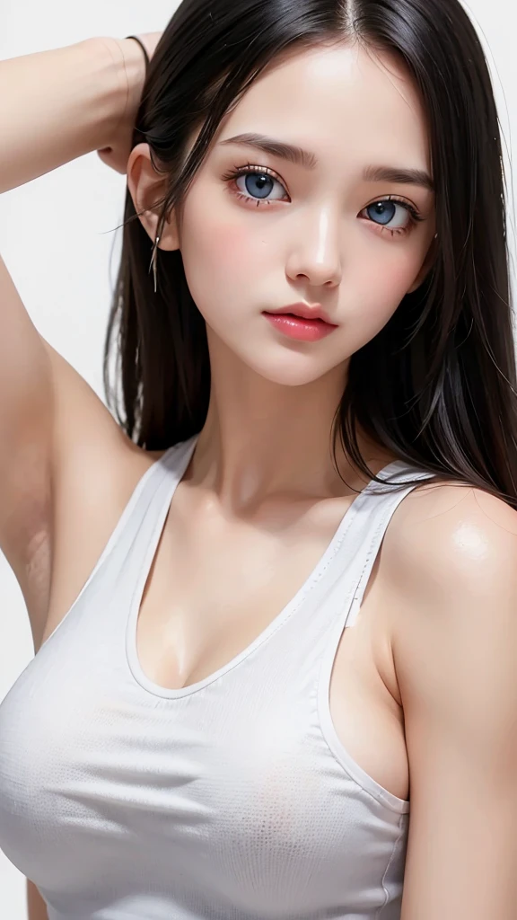 (((White 、black hair,forehead、White background、Tank top))), bright, Refreshing and gentle look, Perfect beautiful face、White Blondeのロングヘア,Beautiful and shiny hair, Very beautiful girl, eyeliner, So perfect and beautiful、Lovely large, clear, sky-blue eyes,large breasts,Random pose,